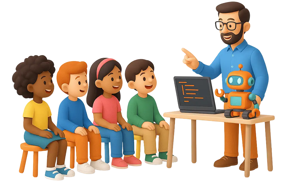 Una escena de un profesor mostrando a los niños una actividad de aprendizaje de robótica y tecnología, enfatizando la interacción educativa y la diversidad.